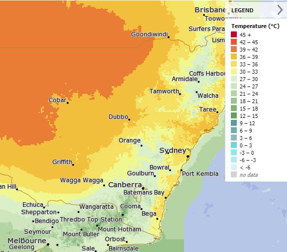 Seeing orange: Most of NSW will experience temperatures about 27 degrees celsius. Picture: Bureau of meteorology. 
