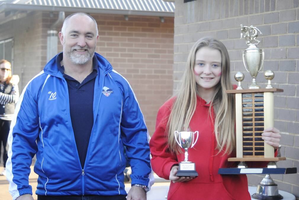 Highlands Soccer Association's Ian Campbell presents the Chris Jacobs Cup trophy to Crookwell captain Annie Croker. Photo by Josh Bartlett