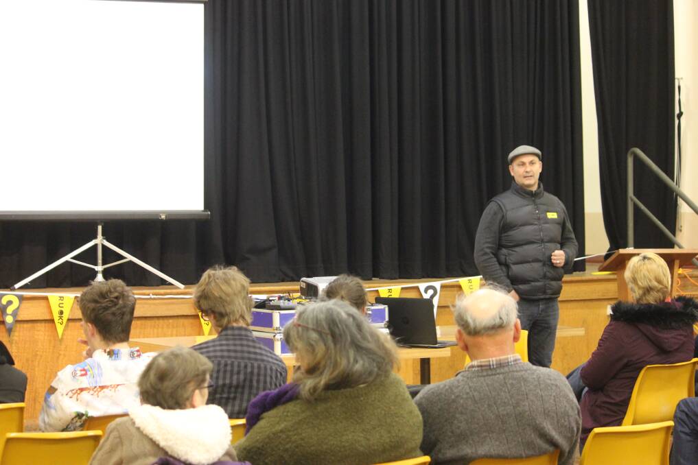 DIALOGUE: R U OK? Day ambassador Steve Bastoni speaks at St Saviour's Hall on Thursday night about opening up channels for mental health. Photo: Mariam Koslay. 