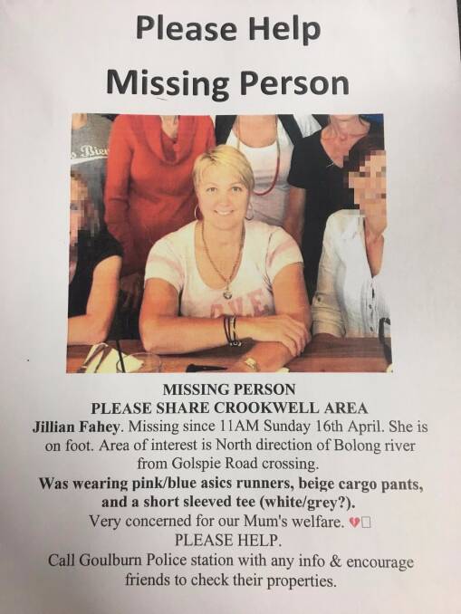 Missing person posters appealing for information about Jillian Fahey have been posted in the windows of Crookwell businesses.