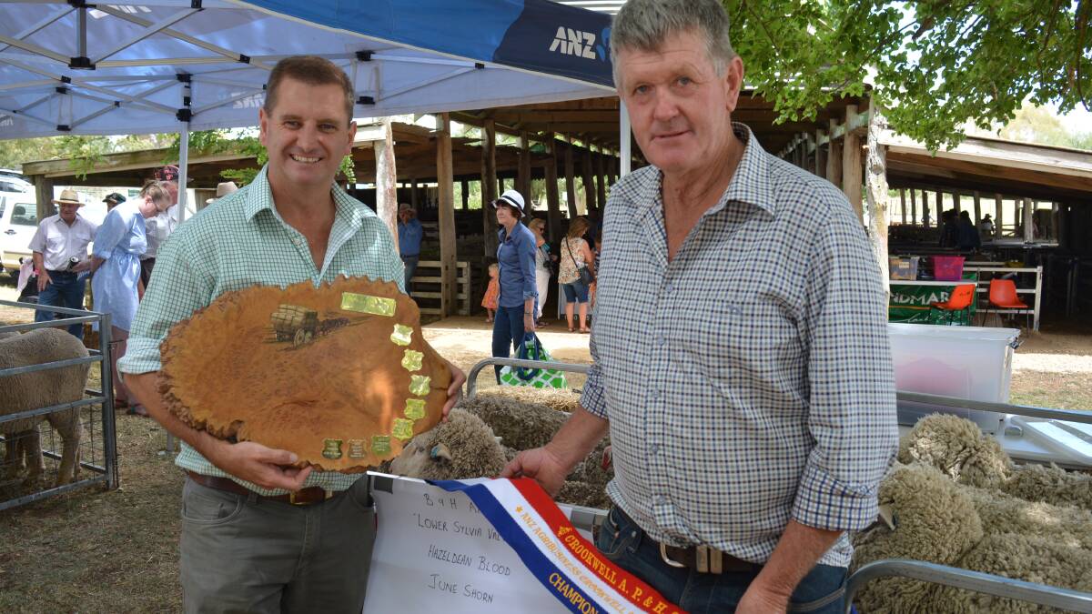 Rick Power, Landmark stud stock, Grenfell, and classer at "Lower Sylvia Vale", Binda, with Brian Anderson, "Lower Sylvia Vale", the ANZ Agribusinss Crookwell Flock Ewe champions for 2017. 