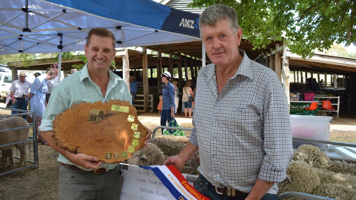 Rick Power, Landmark stud stock, Grenfell, and classer at "Lower Sylvia Vale", Binda, with Brian Anderson, "Lower Sylvia Vale", the ANZ Agribusinss Crookwell Flock Ewe champions for 2017. 