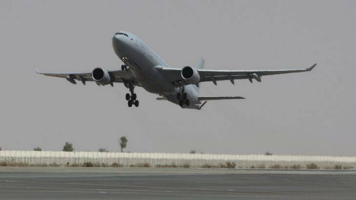 A RAAF KC-30A tanker transport takes off in the Middle East.  Photo: SGT Andrew Eddie