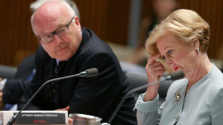 Attorney-General George Brandis and Australian Human Rights Commission President Professor Gillian Triggs during an estimates hearing on Tuesday. Photo: Alex Ellinghausen