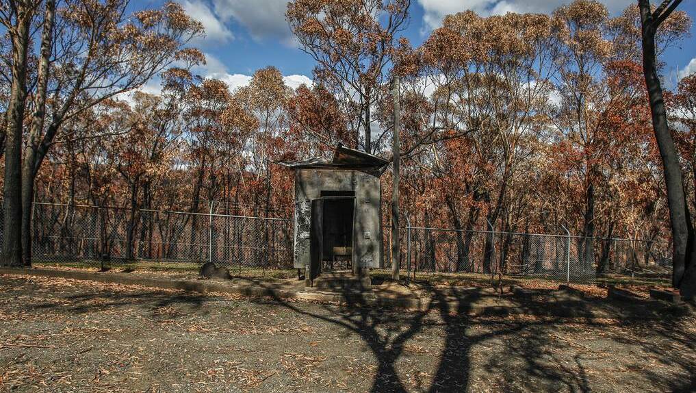 One of the burnt-out sheds on the rise overlooking the Nepean water filtration plant. Photo: CHRISTOPHER CHAN