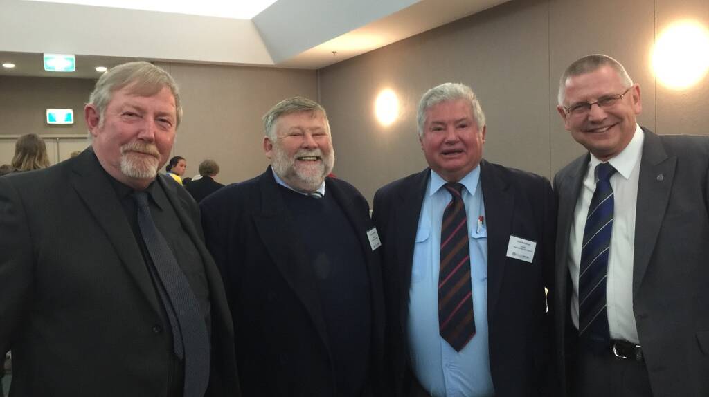 Catching Up: Upper Lachlan Shire Councillors, John Searle, James Wheelwright and Brian Mccormack with Goulburn Mulwaree Mayor Geoff Kettle. Photo CG.