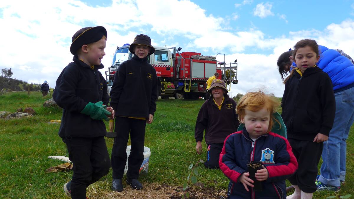 Darcy Hinds, Angus Ross, Milly Guilfoyle, Elsie Hinds and Dakota Tetley formed a very effective and happy work team at the tree planting at Barbour Park recently.