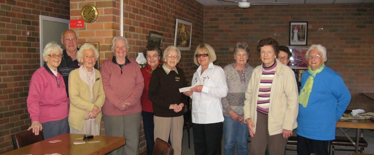 Nurse Manager, Julie Eldridge from the Hospital was at the club rooms last Wednesday to accept the cheque from current president Norreen Medway along with treasurer Dulcie Slater, secretary Alma Corkhill and committee members Ruby McDonald, Beatrice Williams, Dulcie Ritchie, Carolyn McIntosh, Jennifer Cummins and members Kevin Currie and Bessie Gay pictured above in no particular order.