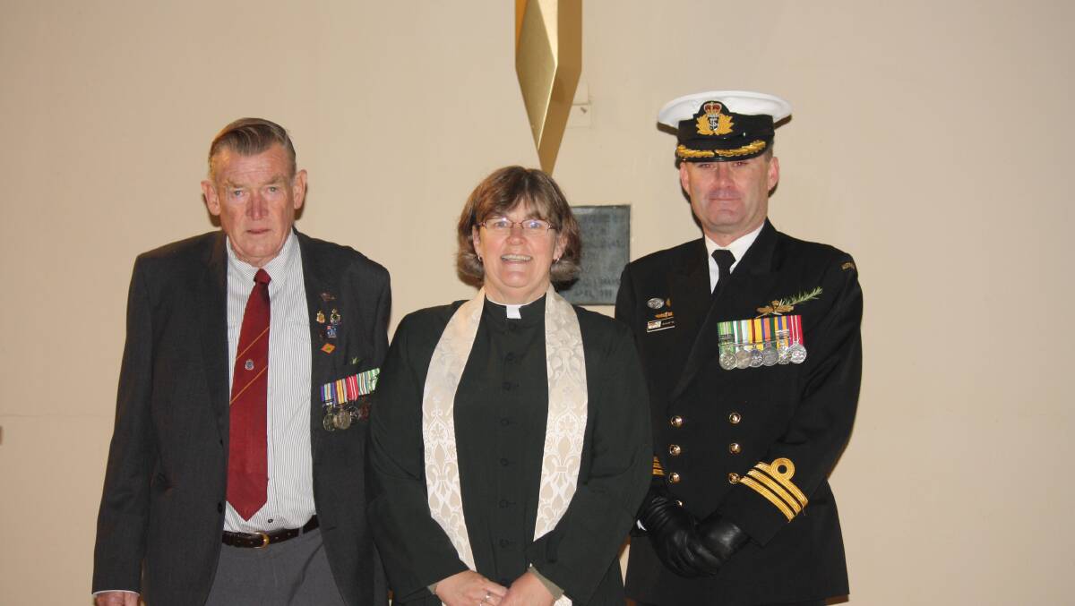 President of Crookwell RSL Sub Branch Mr Kevin King with Reverand Margaret Campbell and Commander Royal Australia Navy Stuart Taylor