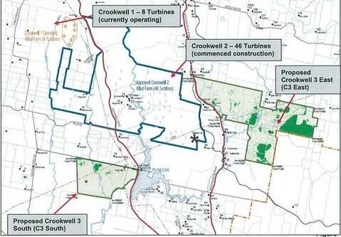 This map shows the areas planned for the Crookwell 3 wind farm, particularly in relation to the existing Crookwell 1 wind farm and the approved but dormant Crookwell 2 development.