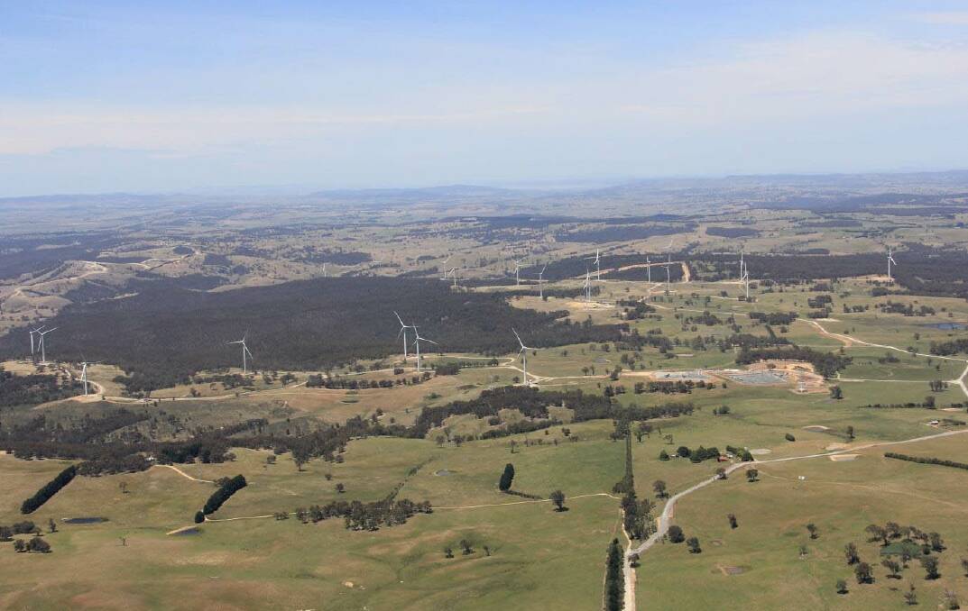 An aerial view of the Gullen Range Wind Farm south-east of Crookwell.