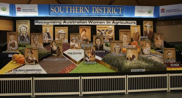 The Southern Zone District Exhibit - showing "Women in Agriculture".  Locals in the exhibit include Jasmine Nixon far back right, Felicity Wheelwright left centre, Annabel and madlyn Hammond centre, Carina McLean, Jenny Bell  and Emma Lipscombe. Photo by Paul Anderson.