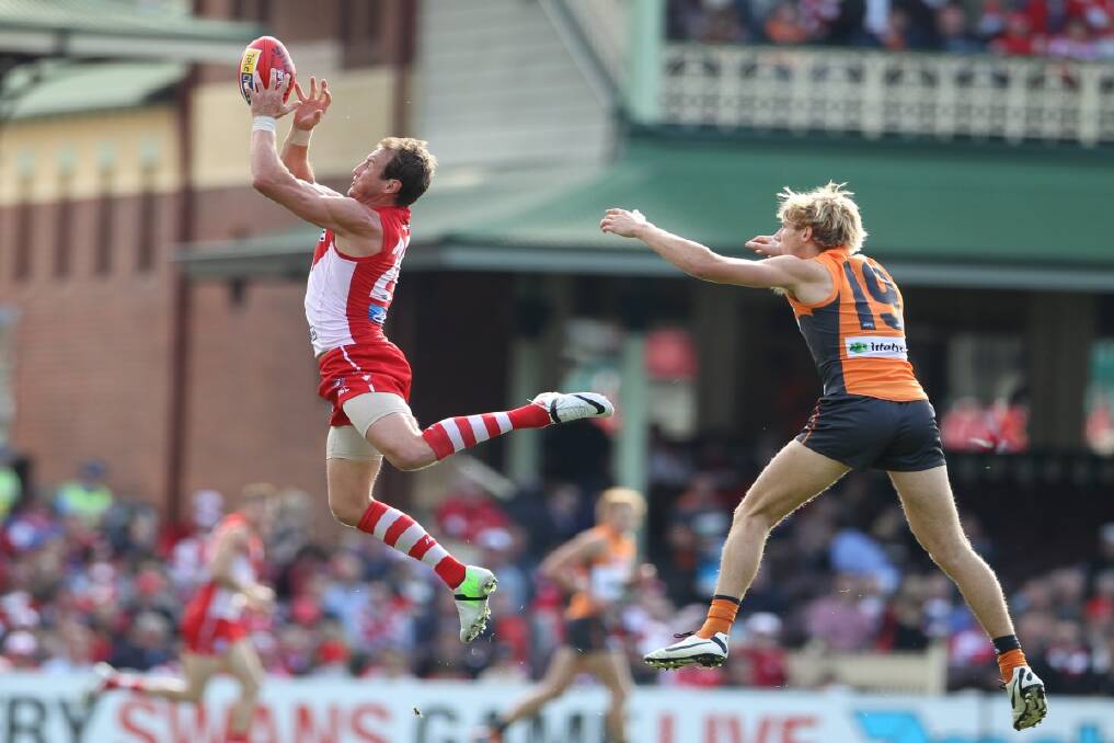 Jude Bolton of the Swans marks in the AFL games between the Sydney Swans and GWS Giants at the SCG in Sydney. Photo: Anthony Johnson 