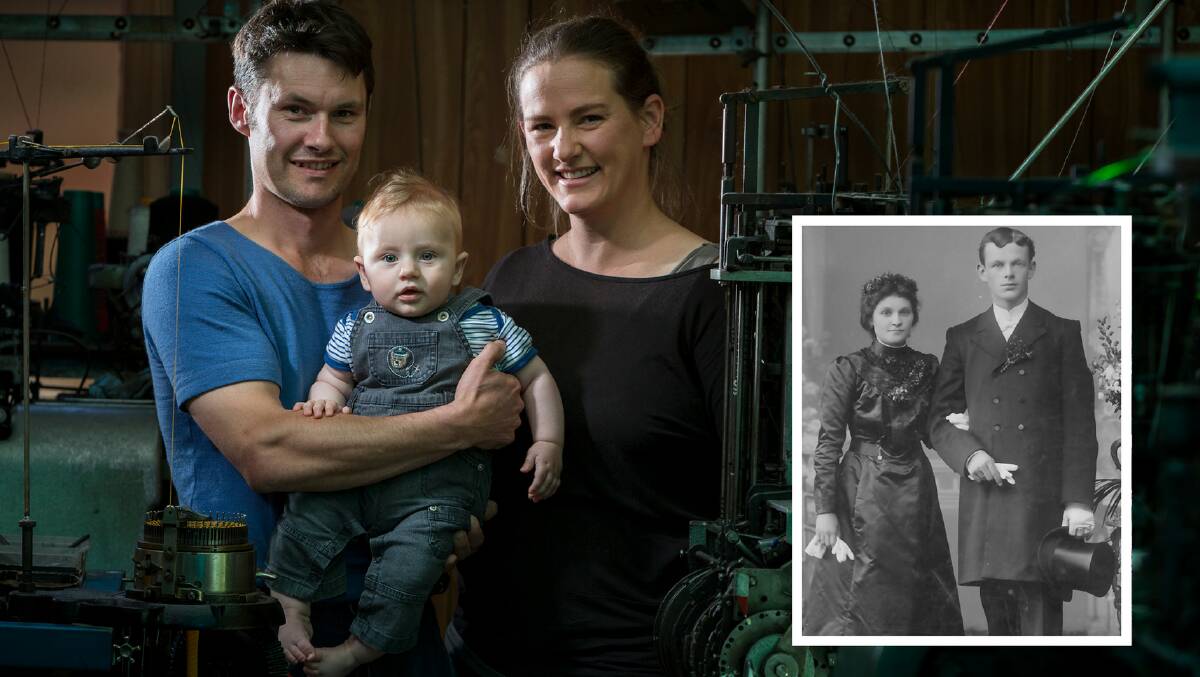 LONG TIME IN THE GAME: Andrew, Arthur and Lucy Lindner who have learnt their family have been making socks for 10 generations. Inset: Otto and Elsa. Picture: Supplied.