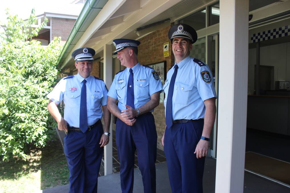 Former Hume LAC superintendent Andrew Koutsoufis, NSW Police assistant commissioner Peter Barrie and recently appointed Hume Police District superintendent Chris Schilt outside Goulburn police station. 