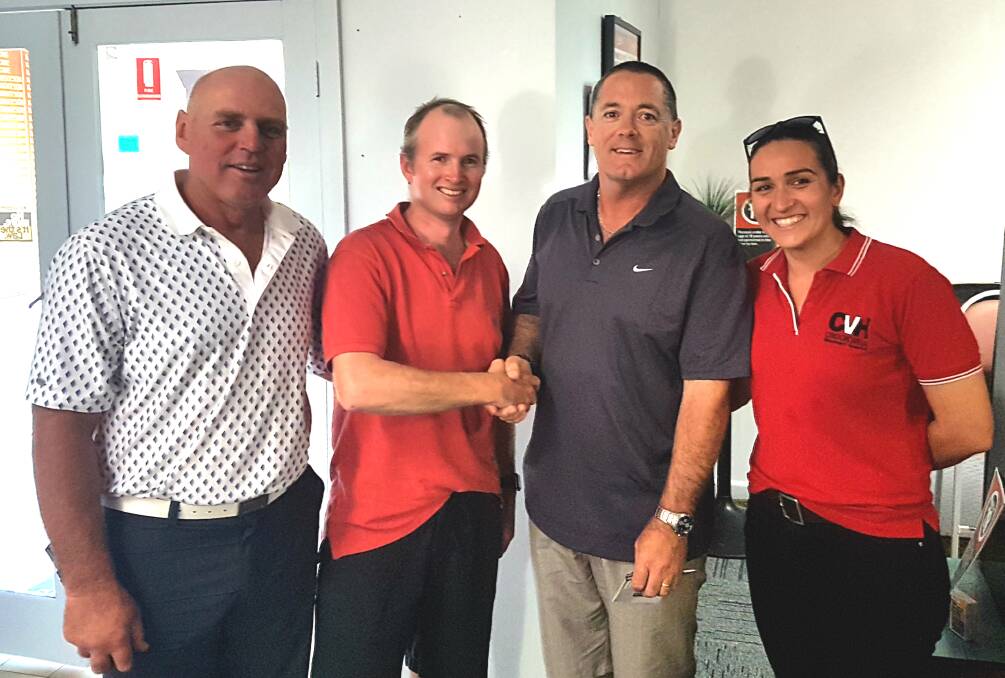 PRESENTATION: Club president Ashley Gilbert with Will Lucas and Jayde Costello from Crookwell Veterinary Hospital congratulate Mick Secomb on his win. Photo: supplied
