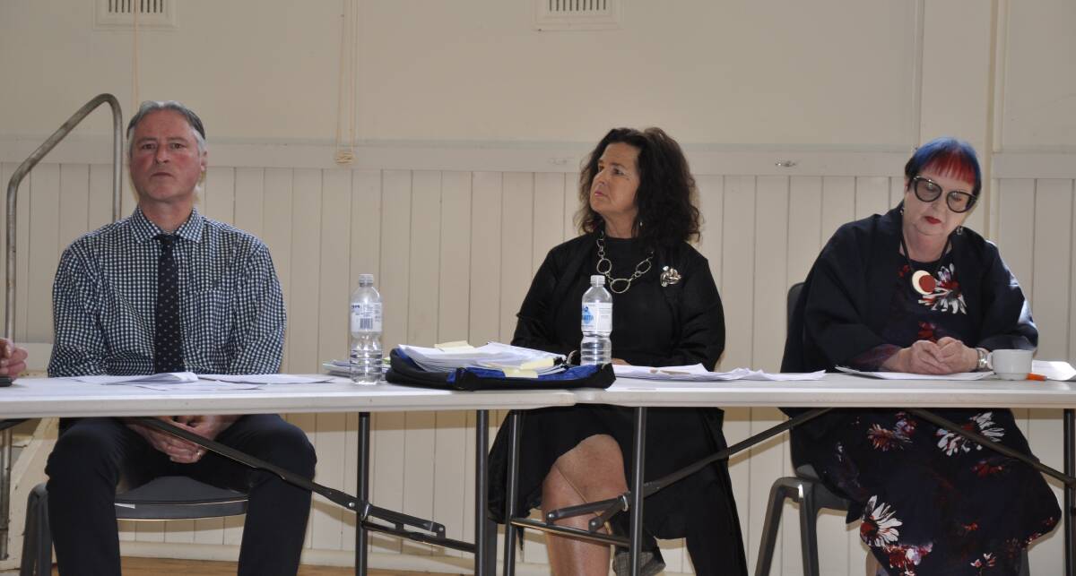 Upper Lachlan Shire Council's finance director, Andrew Croke, Mayor Pam Kensit and deputy mayor, Mandy McDonald at Thursday's Gunning community consultation meeting on a proposed rate rise. Picture by Louise Thrower. 