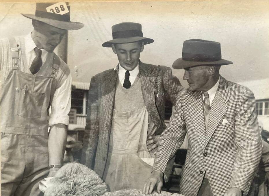 Jeff and Tony Prell with their father, Harold, at a Sydney Sheep Show in the 1950s. Photo supplied.