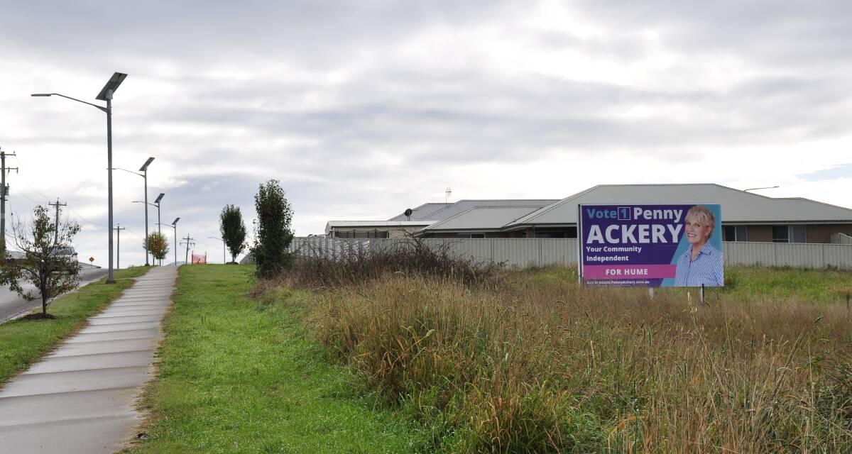 Independent Penny Ackery's campaign has erected signage on private land off Marys Mount Road. Under state legislation, signage must not be more than 0.8 metres square.