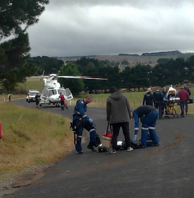 Emergency services, including an ambulance helicopter were called to the scene of a farm accident near Taralga on Monday. Photo supplied.