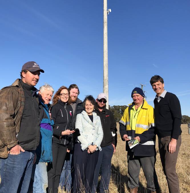 Tarlo residents Jack Earl and Kevin Matangi, Telstra representatives Ann Jakle and Matt Luff, Goulburn MP Pru Goward, Tarlo area residents Geoff and Chris Ryan and Member for Hume Angus Taylor at Friday's switch-on of the Tarlo mobile phone tower. Photo supplied.