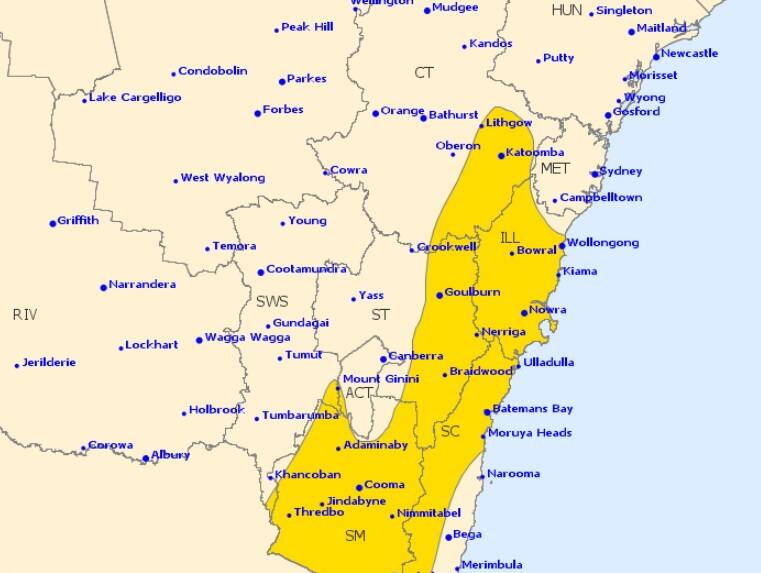 A large part of the Southern Tablelands is expected to be affected by strong winds later today and into tomorrow. Image: Bureau of Meteorology.