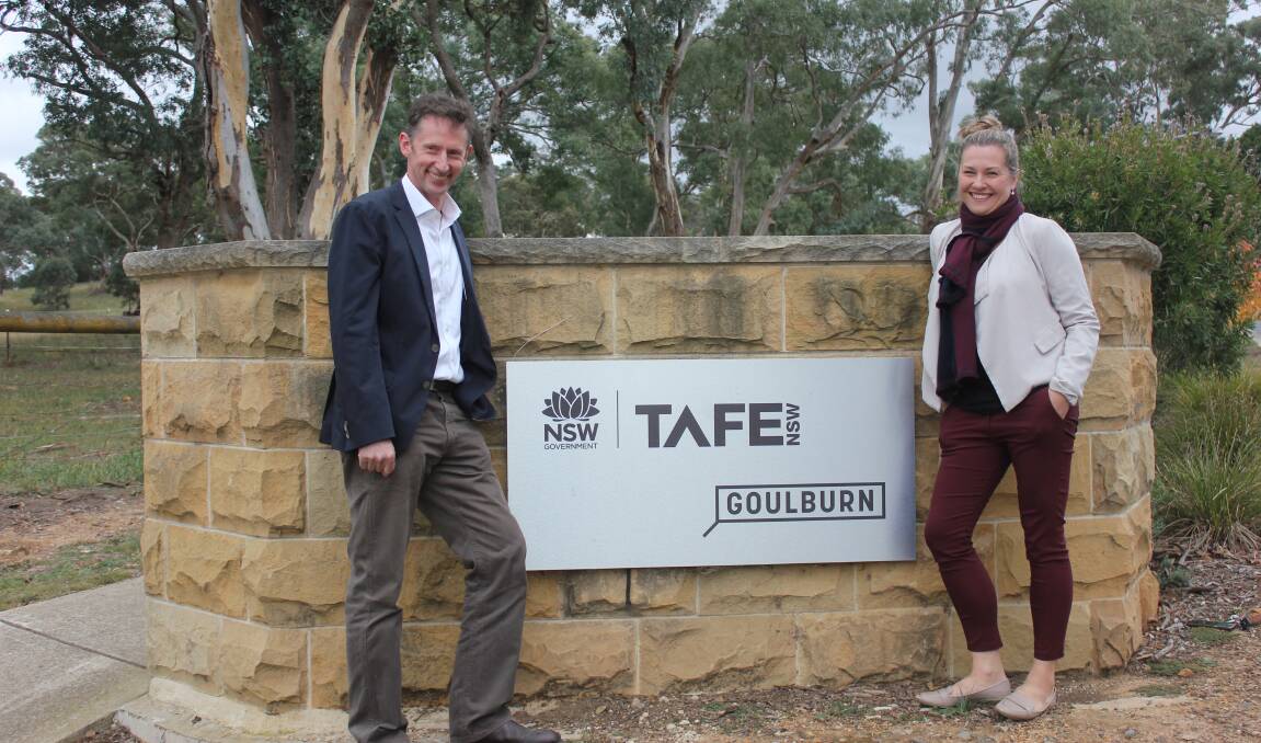 FUNDING: Member for Whitlam Stephen Jones and Labor candidate for Hume Aoife Champion at the Goulburn TAFE campus. Photo David Cole. 