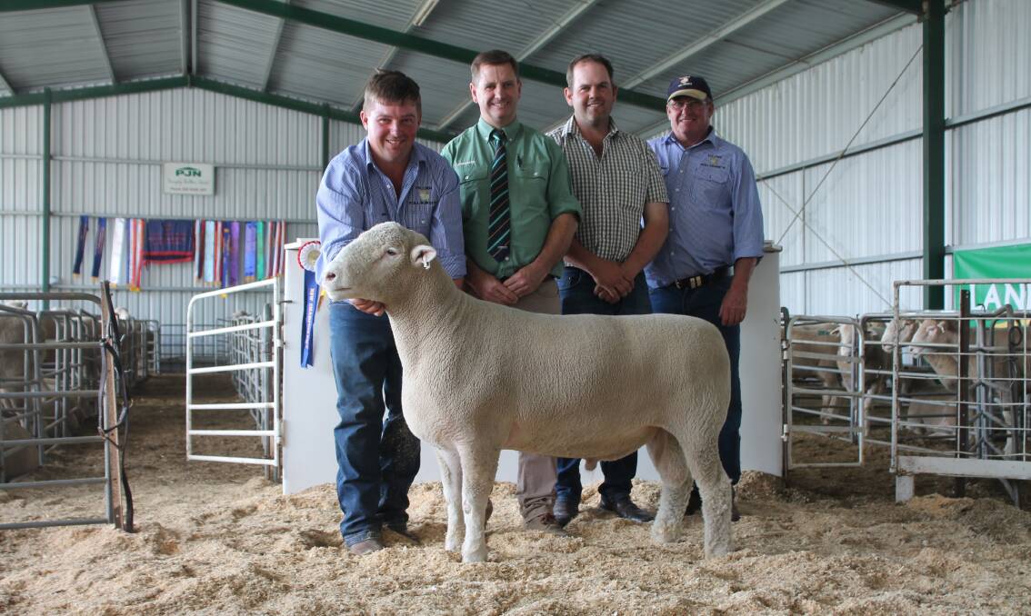 James Frost, Hillden stud, Bannister with the $6500 ram, Rick Power, Landmark, Grenfell, Alex Wilson, Crown Hill stud, Bigga (top price buyer) and Brian Frost, Hillden stud.  