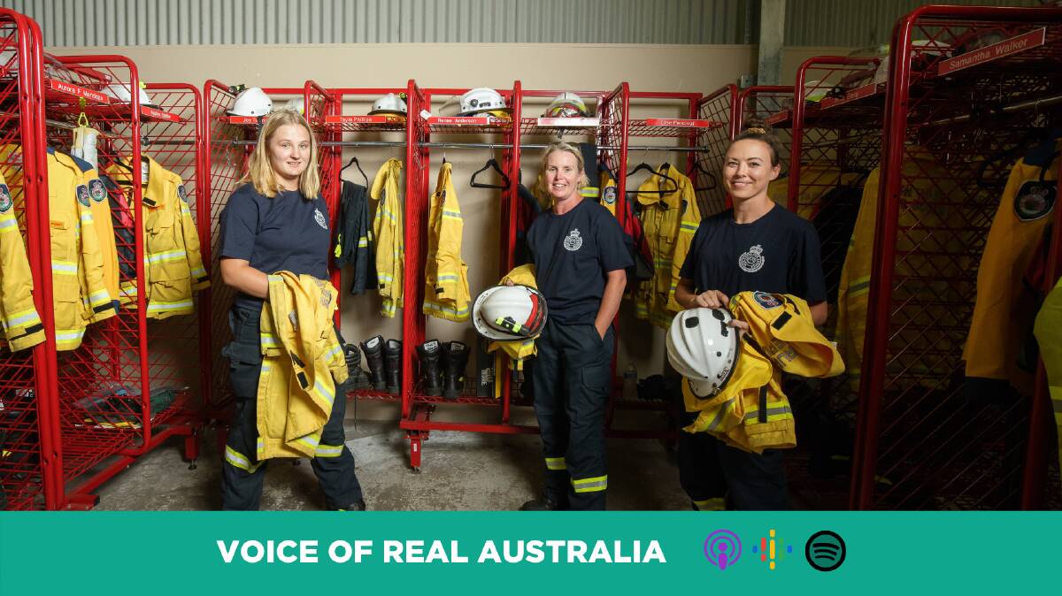 Volunteer firefighters Jet Boone, Lise Percival and Samantha Walker gear up in the Bawley Point Rural Fire Brigade's shed. Photo: Sitthixay Ditthavong