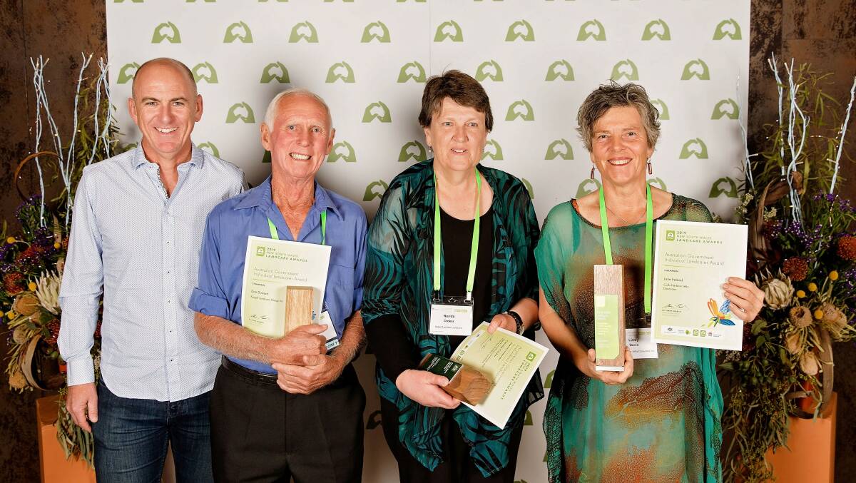 A leading role: Chief executive Local Land Services David Witherdin, finalist Don Durant, Kygole Landcare, Nerida Choker, Upper Lachlan Landcare and Lindy Davis accepting an award on behalf of Jane Ireland at the 2019 State and Territory Landcare Awards. Photo: Pennie Hall