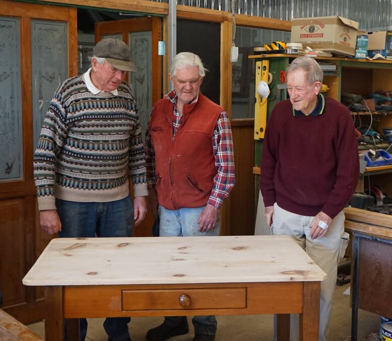 Men's Shed Week: President Rob Browne, with John Medway and secretary Don Southwell with a Men's Shed project. Photo: Clare McCabe