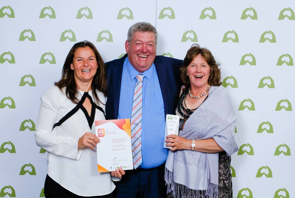 Winners: Mary Bonet (Landcare coordinator), Garry Kadwell and his partner Jodie Bain, awarded at the 2017 NSW Landcare awards. Photo supplied.