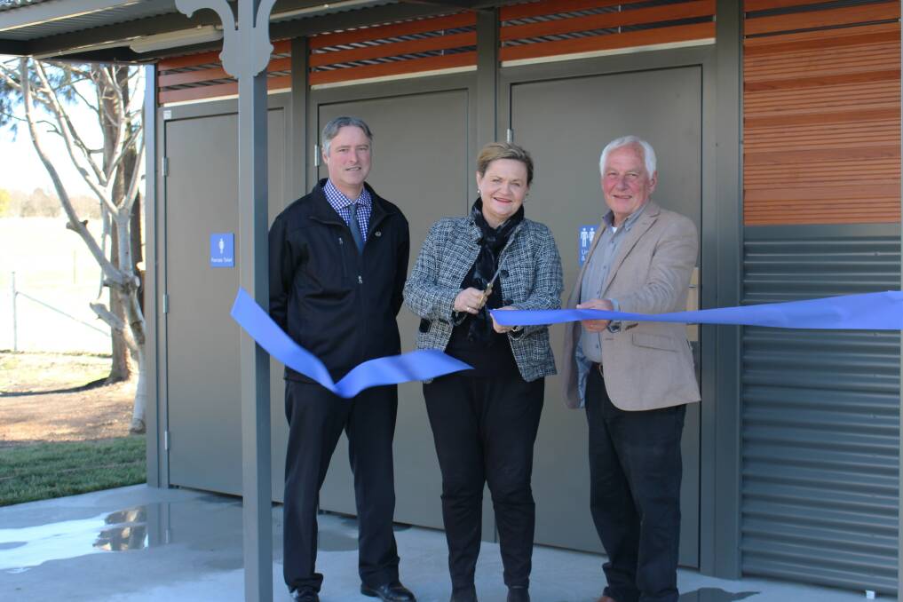 Upper Lachlan Shire Council acting general manager Andrew Croke, Member for Goulburn Wendy Tuckerman and Mayor John Stafford officially open the park. Photo supplied. 