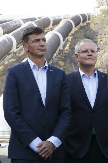 Minister for Energy and Hume MP Angus Taylor and Prime Minister Scott Morrison. Photo: Alex Ellinghausen.