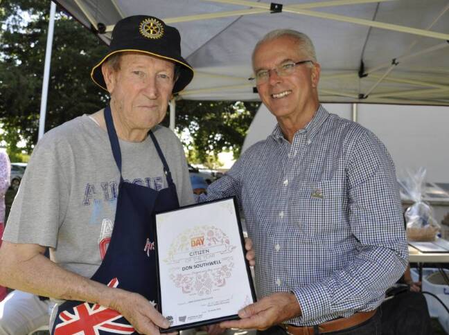 2018 awards: Don Southwell was chuffed to receive Crookwell's Citizen of the Year award from Gordon Bray.