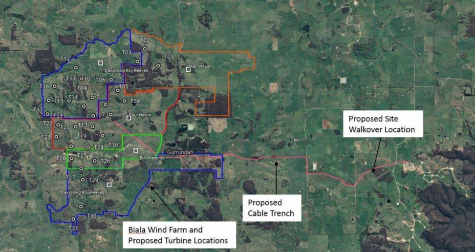 Wind farm developments: Biala Wind Farm proposal for a 12 kilometre transmission line that spans 20 properties. Photo: Department of Environment and Planning.