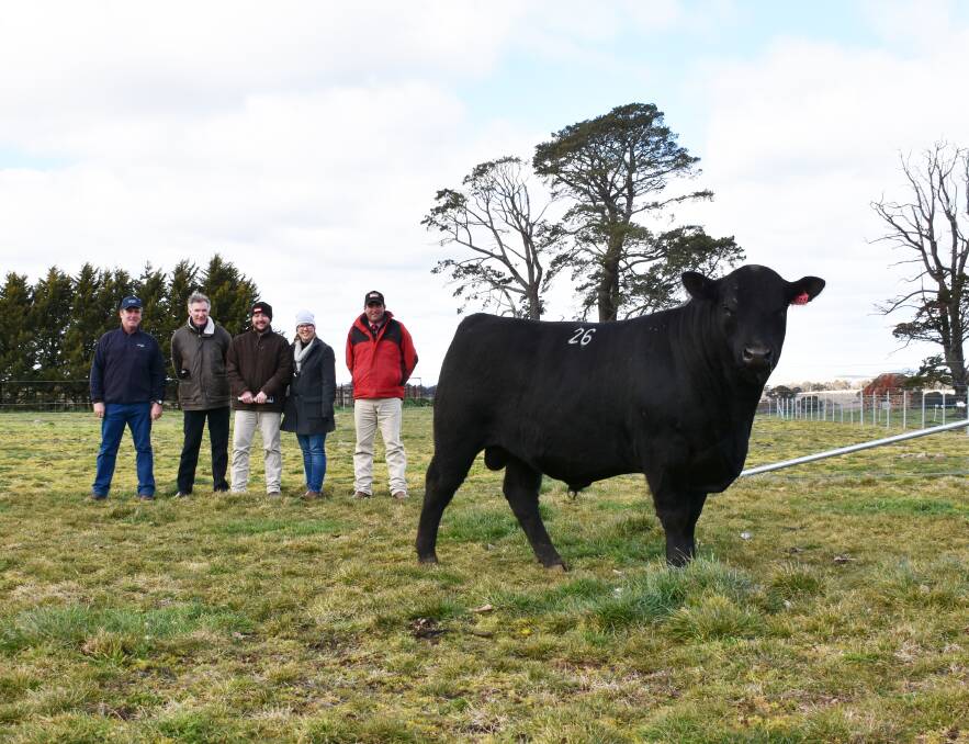 Best bull: Glynn Langford and Keith Kerridge from Bannaby Angus, purchasers Scott and Tristan Kensit from Crookwell, and agent Dan Tarlinton, with the top-price bull from Bannaby's 2017's sale. Photo: The Land.