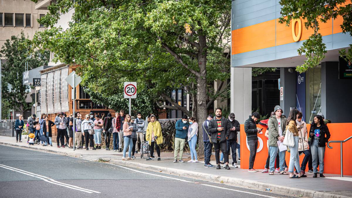 Queues at the Woden Centrelink in March. Picture: Karleen Minney