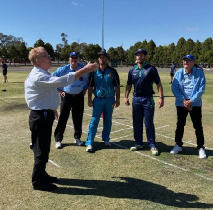 Tossed: Goulburn Mulwaree Council mayor, Bob Kirk, tosses the coin on Friday ahead of the first match of the Country Championships, between ACT Southern Districts and Riverina at Seiffert Oval. Photo: GDCA.