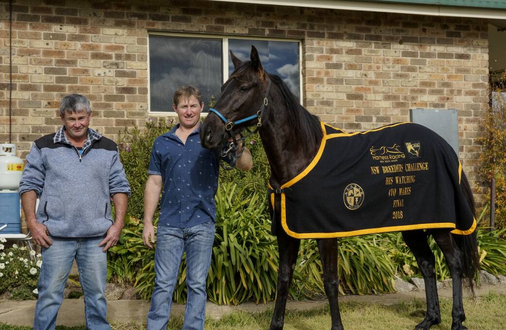 Grinning winners: (L to R) Owner Matt Magle with Dennis Picker and champion mare Elle Yeah following their hard-earned victory last Sunday at Menangle. Photo: Paul Anderson. 