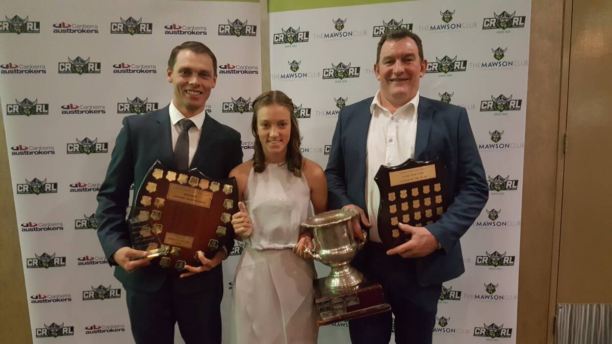 New beginnings: Chris Chudleigh (right) at the 2019 Les McIntyre awards night with one of his former players (Cam Picker) and one of his new players (Annika Picker). Photo: Canberra Region Rugby League.