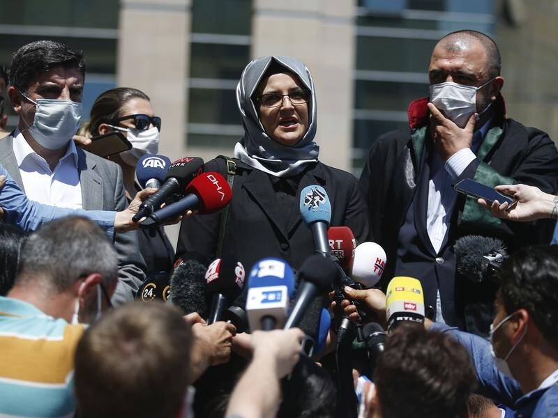 Hatice Cengiz, the fiancee of slain Saudi journalist Jamal Kashoggi, outside a court in Istanbul.