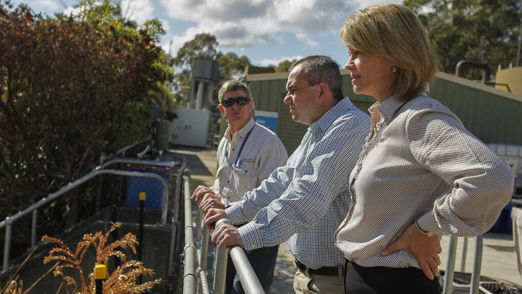 NSW Primary Industries minister Katrina Hodgkinson and Wollondilly MP Jai Rowell inspect the filtration plant. Photo: CHRISTOPHER CHAN