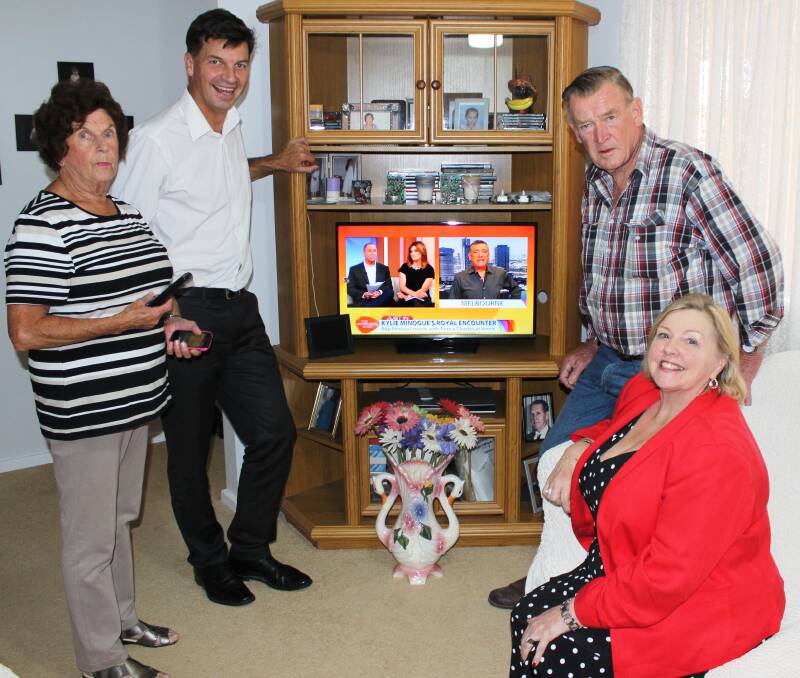 Gael Johns, MP Angus Taylor, Kevin King and RBAH Chair Shirley Brown watching TV at Mrs Johns’ home, courtesy of the new Crookwell TV transmitter.