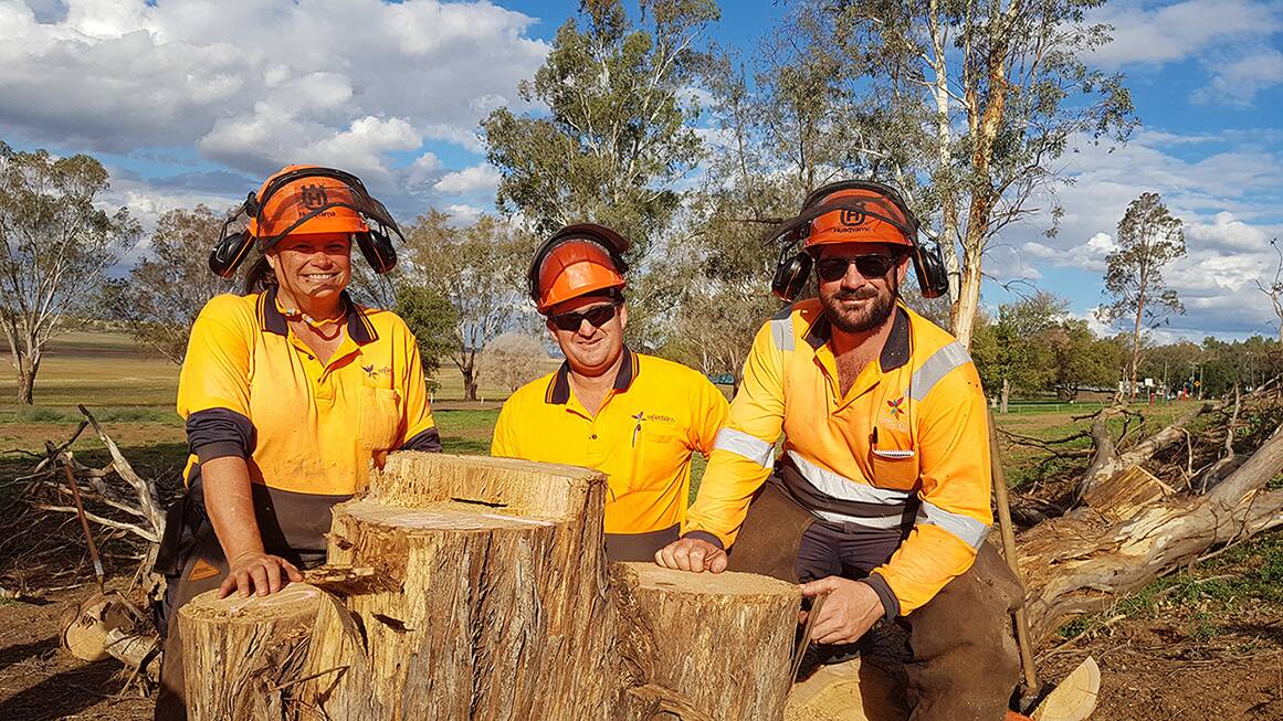 UPSKILLING STAFF: Sarah Hoskins from Copeton Waters, Brandon Edwards from Lake Glenbawn and Danny Thaddeus from Copeton Waters take part in chainsaw training at Lake Keepit. Photo: supplied