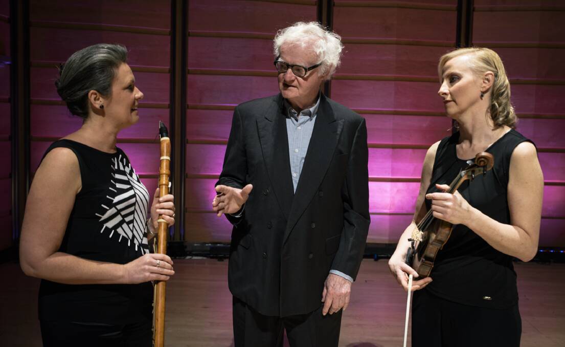 Richard Gill AO was the CSO's artistic director and chief conductor from 2001 to 2005; pictured here in September 2017 with musicians Nicole van Bruggen and Rachael Beesley.

