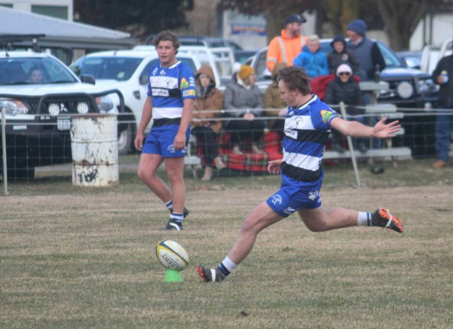 Conversion: Liam Jones kicking for the Crookwell Dogs in the semi-final against the Taralga Tigers. 