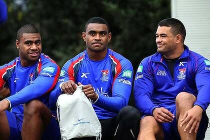 Happy where he is ... Wes Naiqama (centre) with Knights teammates at a training session this week. Naiqama has signed to stay on at the Knights for a further three years.